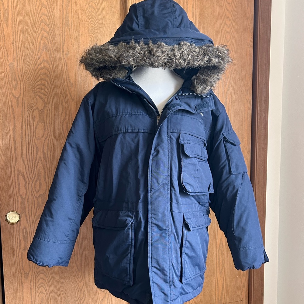 Karl Kani Men's Blue Hooded Jacket with Down Feathers and Faux Fur-Lined Hood